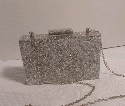 Akira Box Confetti/Acrylic Clutch Clasp Purse w/ Detachable Silver Chain Strap