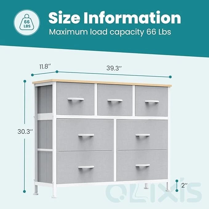 Cómoda de 7 cajones, tocador de torre de almacenamiento de tela para dormitorio sala de estar, gris claro Foto 3 de 4