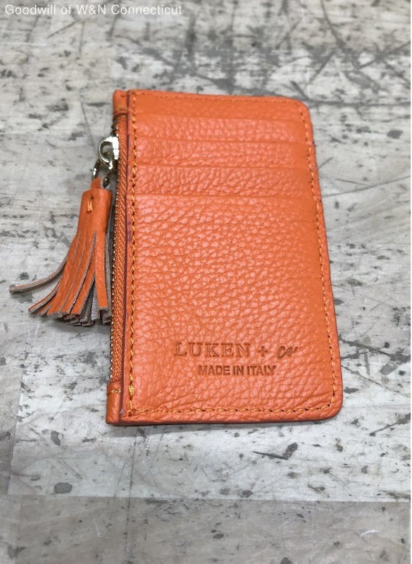 Luken + Co Orange Pebbled Leather Zip Card Holder Pouch Tassel Made in Italy