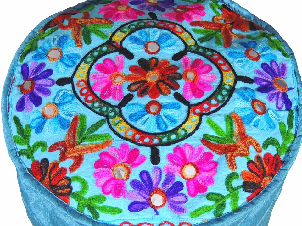 Blue Floral Circular Pouf Cover Embroidery Floor Seating Ottoman Footstool 16" - Image 2 of 3
