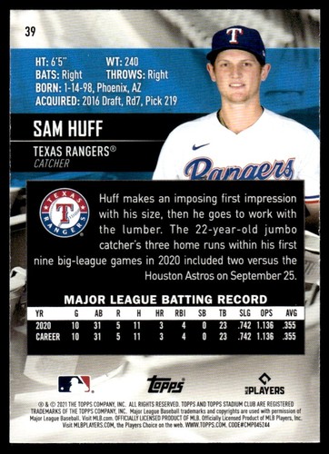 2021 TOPPS STADIUM CLUB ROOKIE SAM HUFF R62 - Picture 2 of 2