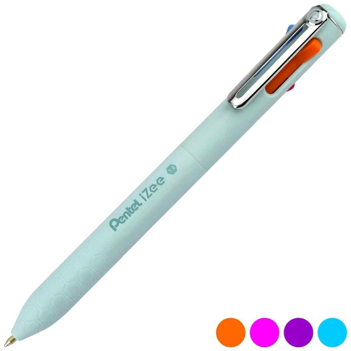 Pentel IZee 4-farbiger Kugelschreiber – Himmelblauer Schaft, Orange, Pink, Blau & Violett, 1,0 Mm