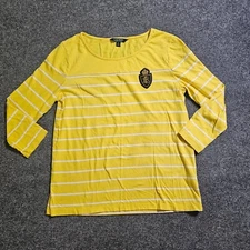 Lauren Ralph Lauren Top Shirt Womens Medium Yellow White Striped Crest Casual