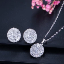 Sparkling White Cubic Zircon Round Cut Pendant Necklace Stud Earring Jewelry Set