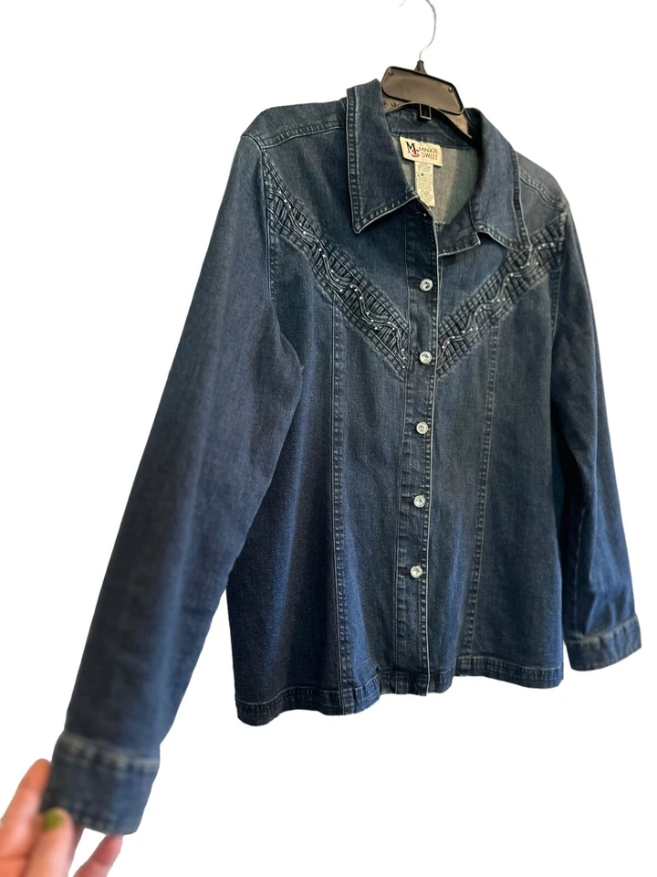 Maggie Sweet Elastizado Azul Denim Brillante Camisa Chaqueta Bling Botones Mujer Grande Foto 4 de 4