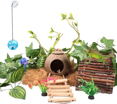 Crested Gecko Tank Accessories Reptile Vines Plants Coconut Shell Ladder Hideout