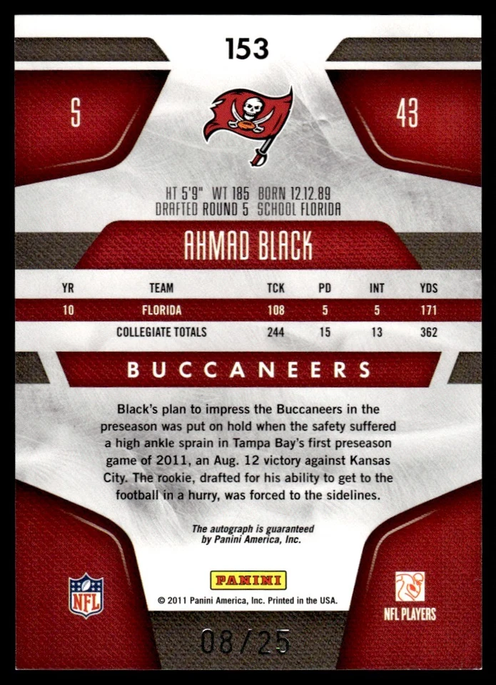 2011 Certified New Generation Ahmad Black Auto RC /25 Buccaneers #153 - Image 2 of 2