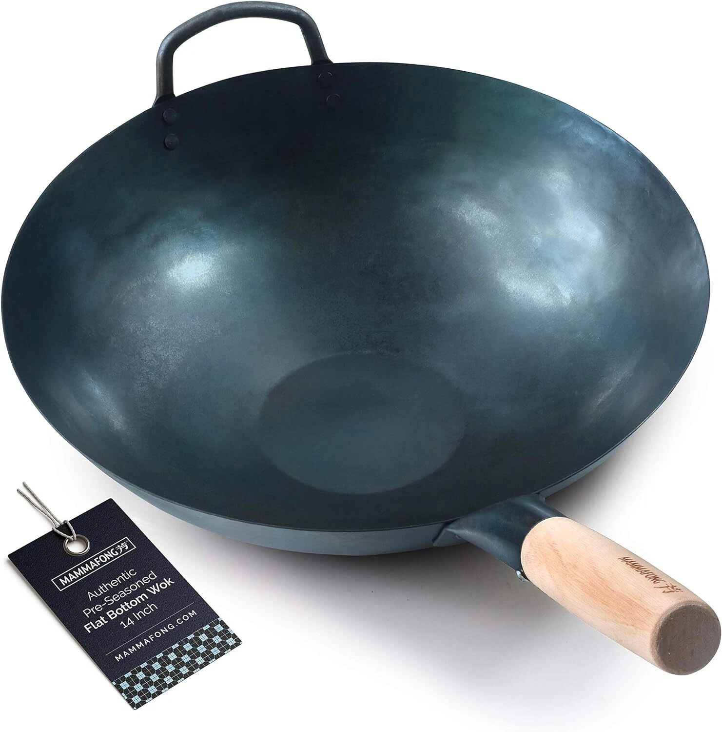 14 Inch Preseasoned Flat Bottom Carbon Steel Wok Non Stick Stir Fry Pan