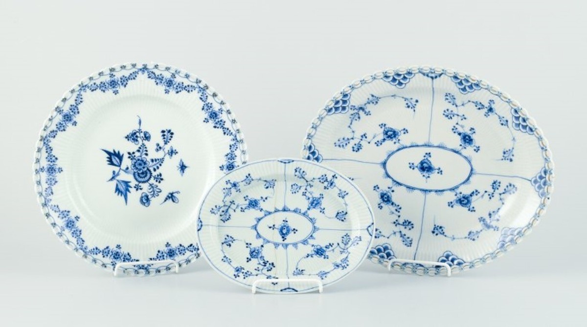 Royal Copenhagen. Three antique Blue Fluted plate and platters 