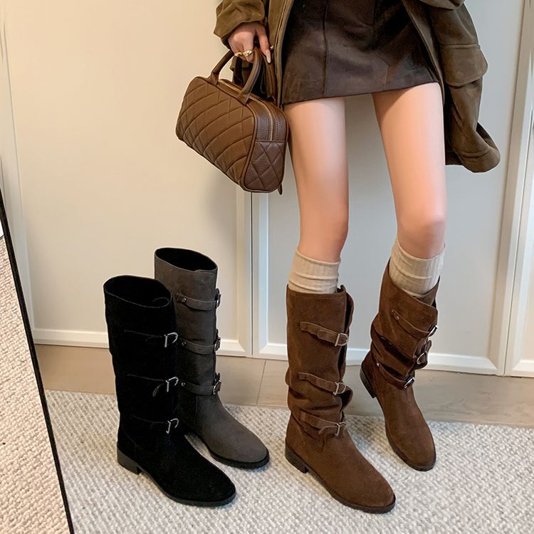 Retro Womens Knee High Boots Suede Round Toe Low Heel Buckle Riding Casual Boots