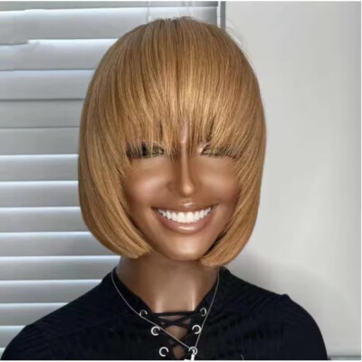 Honey Blonde #27 Short Bob Cut Wigs Human Hair Wig With Bangs Full Machine Made 