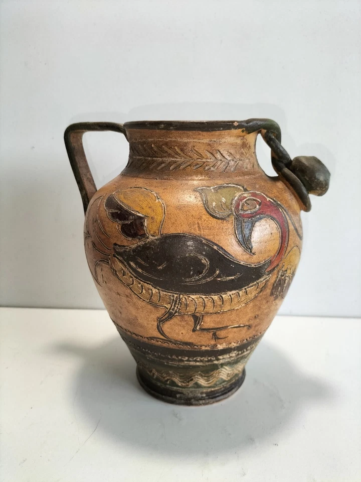 ANCIENNE CRUCHE DECOR OISEAUX TERRE CUITE ITALIE 30's  / PICHET CARAFE WATER JUG - Photo 2/4