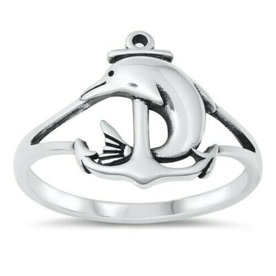 Dolphins & Anchor Ring Sterling Silver 925 Oxidized Face Height 14 mm Size 8