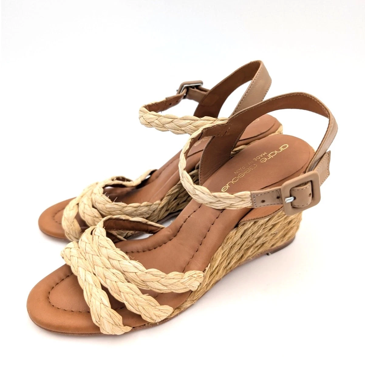 André Assous Milena Wedge Sandal Women's Open Toe Natural Brown Size US8 EU38