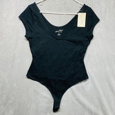 Universal Thread Black Ribbed V Neck Short Sleeve Thong Bodysuit Size S