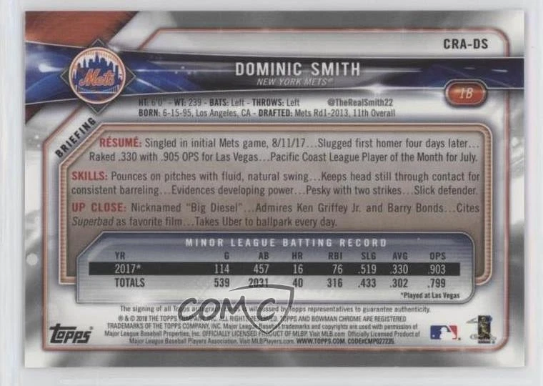 2018 Bowman Chrome Rookie Auto Gold Refractor /50 Dominic Smith #CRA-DS Auto RC - Image 2 of 2