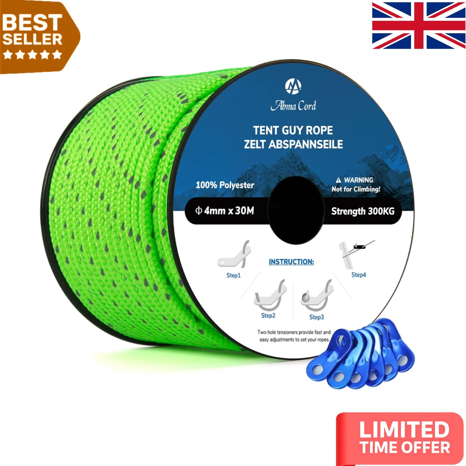 30M Guy Rope Set - Reflective Neon Green, Heavy-Duty, Perfect for Tents & Tarps