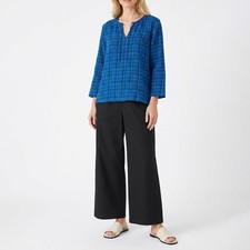 Eileen Fisher NWT Puckered Organic Linen Plaid Keyhole Top, Size 2XS-3X