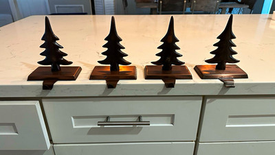 Set of 4 Metal Christmas Tree Stocking Hangers, Brown Solid Mantel Hooks