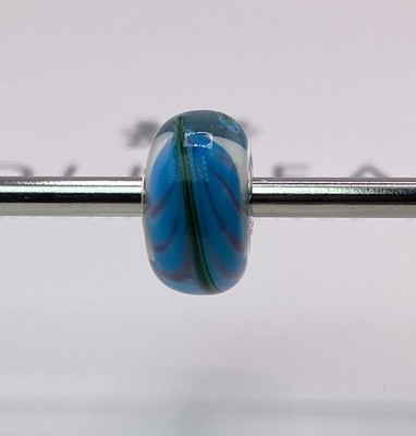 Trollbeads Unique Glass Bead Blue Green Feather Pattern Sterling Silver Core New