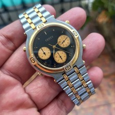 Rare Gucci Chronograph Twotone Black Dial Quartz 9400 Vintage Watch Men Dress