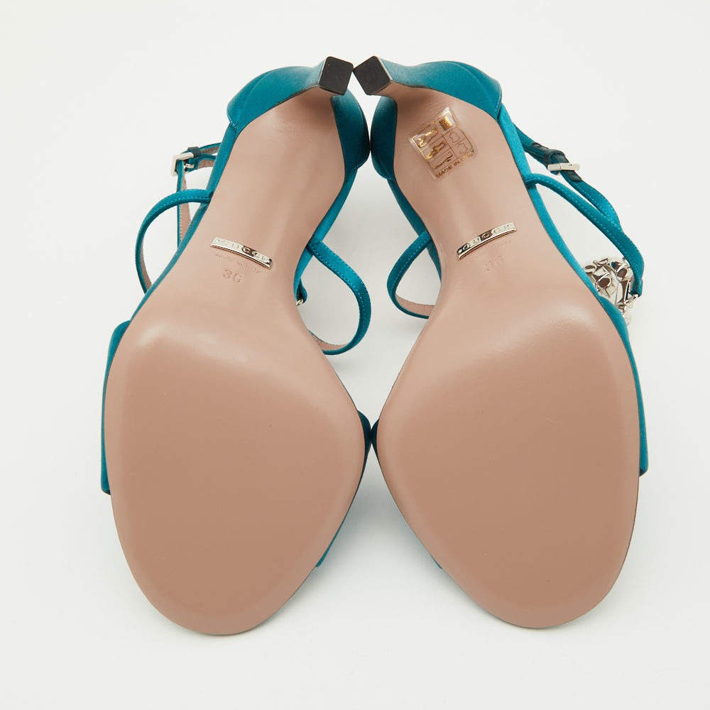 Gucci Teal Satin Crystal Embellished Interlocking G Ankle Strap Sandals Size 36 image 6