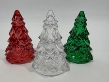 3pc WATERFORD Crystal Red Green Clear Miniature Christmas Tree Figurines 
