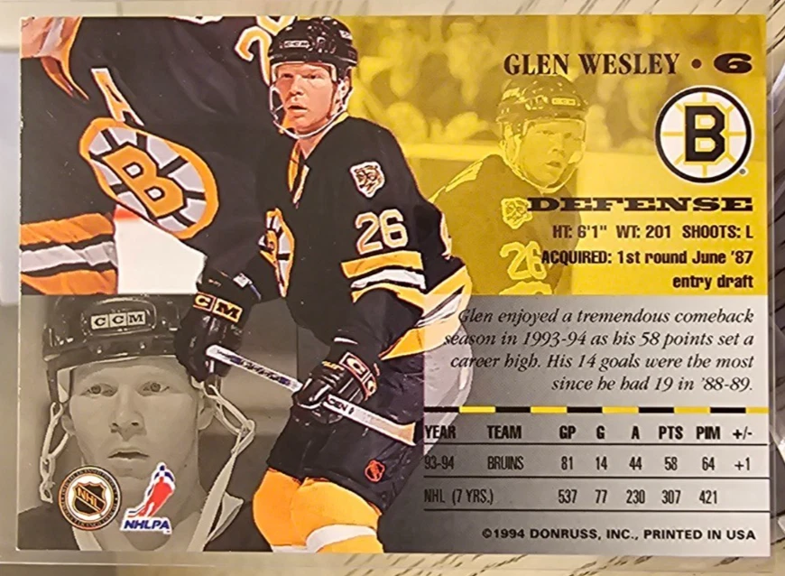 1994-95 Leaf Glen Wesley #6 Boston Bruins - Image 2 of 2