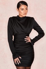 House of CB Giorgiana Pleated Draped Long Sleeve Strong Shoulder Dress Black S