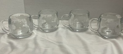 4 Nestle Nescafe Etched Around the World Globe Clear Glass Mugs Cups 70's Japan 