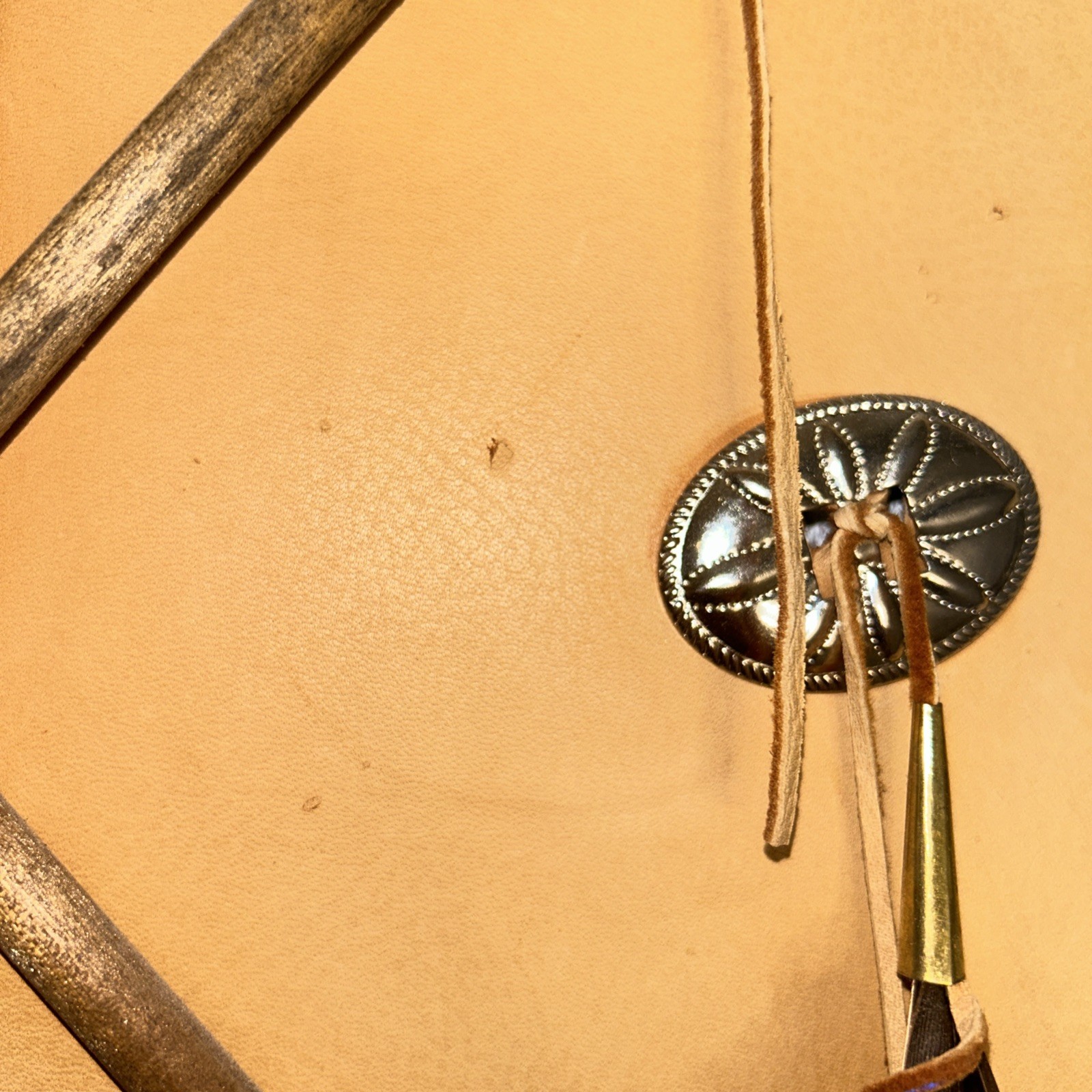 14" dia Tan Leather Medicine Man Shield w/ 2 Arrows & Medicine Bag Used