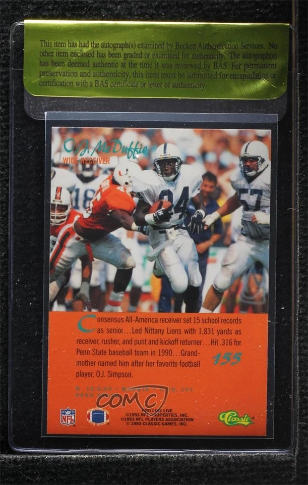 BAS 1993 Classic Pro Line Live OJ McDuffie #155 Beckett Auth Sticker Rookie RC - Image 2 of 2