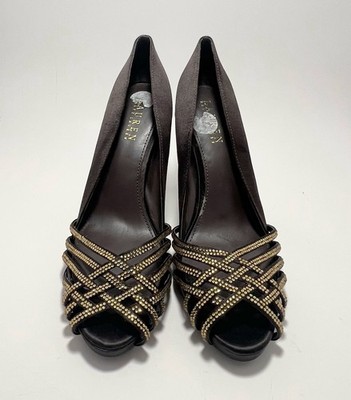 Lauren Ralph Lauren Balina Shoes Stiletto Heel Peep Toe Satin Rhinestone Sz 8 B
