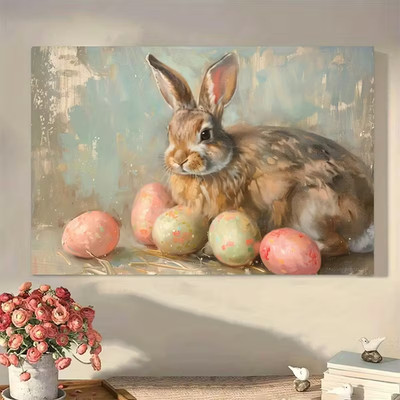 Rustic Bunny & Pastel Easter Eggs Framed Canvas Painting Cottagecore Vintage Art