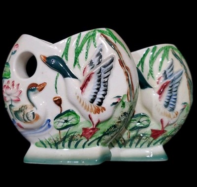 Vintage Set Of 2 Duck Flower Pond Ceramic Pottery Wall Pocket Japan Hand Painted