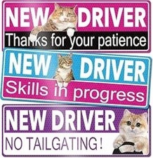 Funny Cat New Driver Magnet for Car, 3 Pcs Removable Reflective Cute Cat New Dri