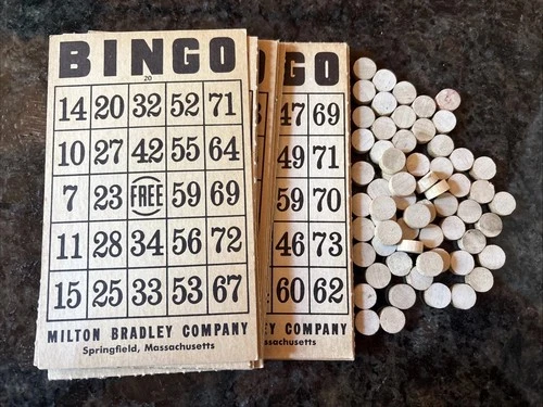 Vintage Milton Bradley Bingo Replacement Cards Lot of 26 + 60 Wood Markers