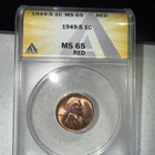 Free shipping On This 1949-S Lincoln Wheat Cent Anacs MS65RD Nice Red Luster,