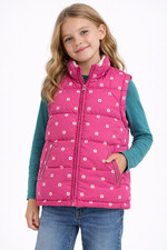 Mini Boden Girls Puffer Vest Pink Floral Fleece Lined Zip Up Size 6 7Y Condition