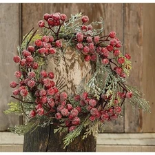 New Primitive Christmas FROSTED RED CRANBERRY CANDLE RING Wreath 7"