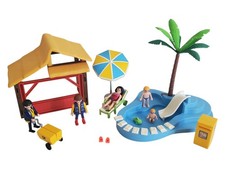 Playmobil Lot Piscine, Toboggan, Cahute Accueil + 5 Figurines Dont Facteur TBE