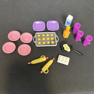 Barbie Kitchen Food Accessories - Plates, Cups, Milk, Juice, Corn, Muffins etc.