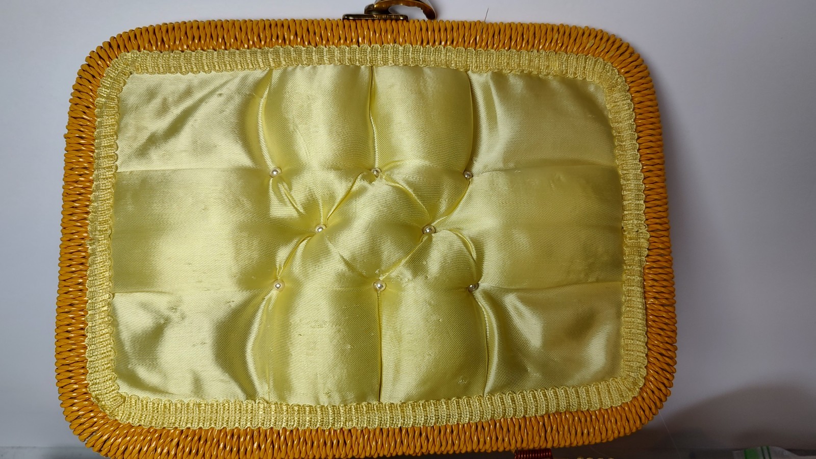 Vintage Woven Wicker Sewing Basket Box With Tapestry Floral Hinged Lid with Misc