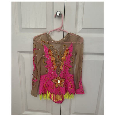 Girls Pink Mesh Long Sleeve Rhinestone Sequin Rhythmic Gymnastics leotard 4-5 yo