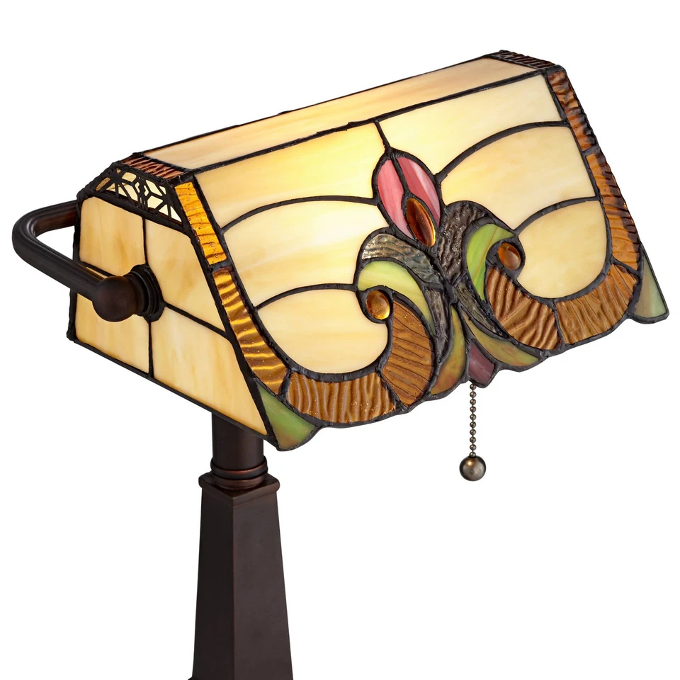 Traditional Piano Banker Desk Table Lamp 17" Outlet Bronze Tiffany Glass Bedroom - Image 3 of 4