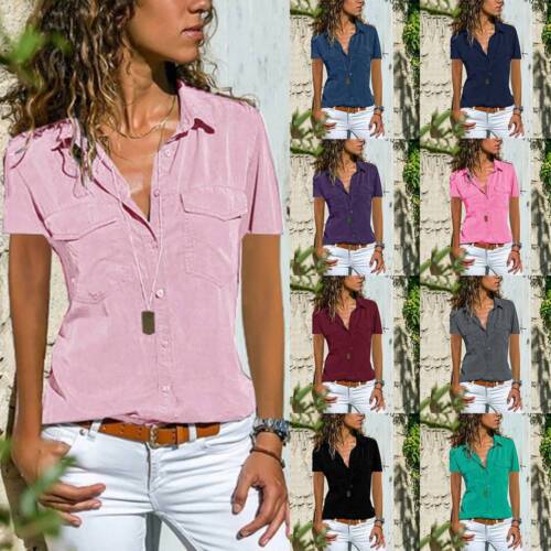 Womens Button Down Shirt Collar Blouse Ladies Work Office Short Sleeve Tops US
