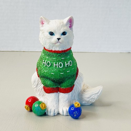 Lenox mürrische Weihnachten Kätzchen weiße Katze grün Pullover HO HO 4" groß TOP