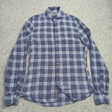 Stenstroms Mens 100 Linen Shirt Size S Slimline Button-Up Blue Plaid Cutaway