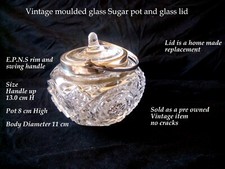Vintage moulded glass sugar bowl with E.P.N.S Silver plated rim ring & swing hdl