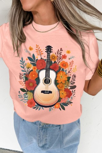 T-shirt donna chitarra stampa fiori girocollo maglietta manica corta sciolta - Foto 2 di 6
